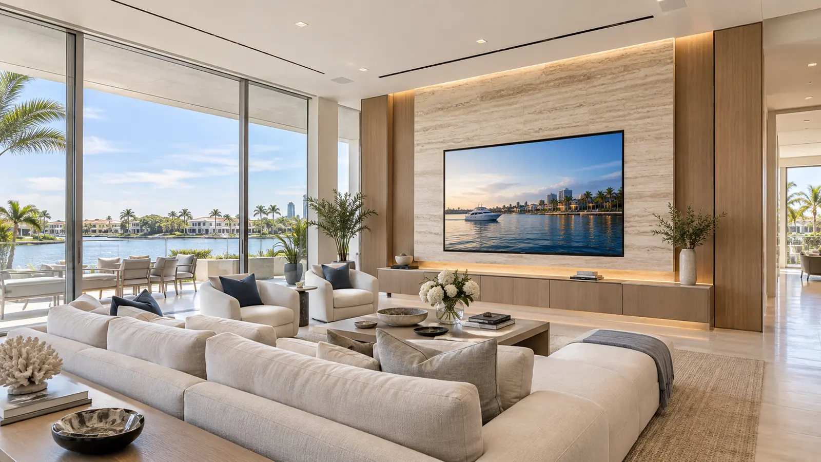 Luxury smart-home living room with integrated audio, video and lighting control