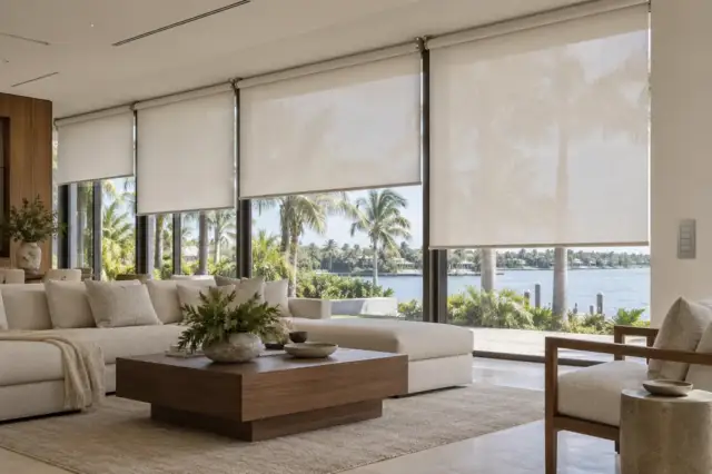 Design illustration of motorized shades and lighting controls in a waterfront living room